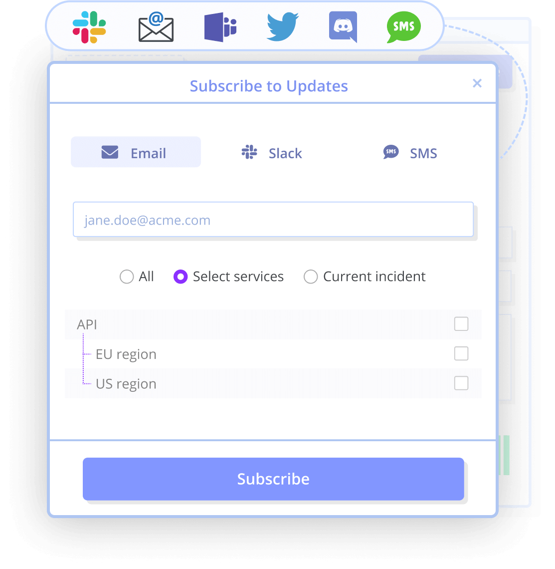 Status page real-time notifications subscription channels missing in Better Uptime